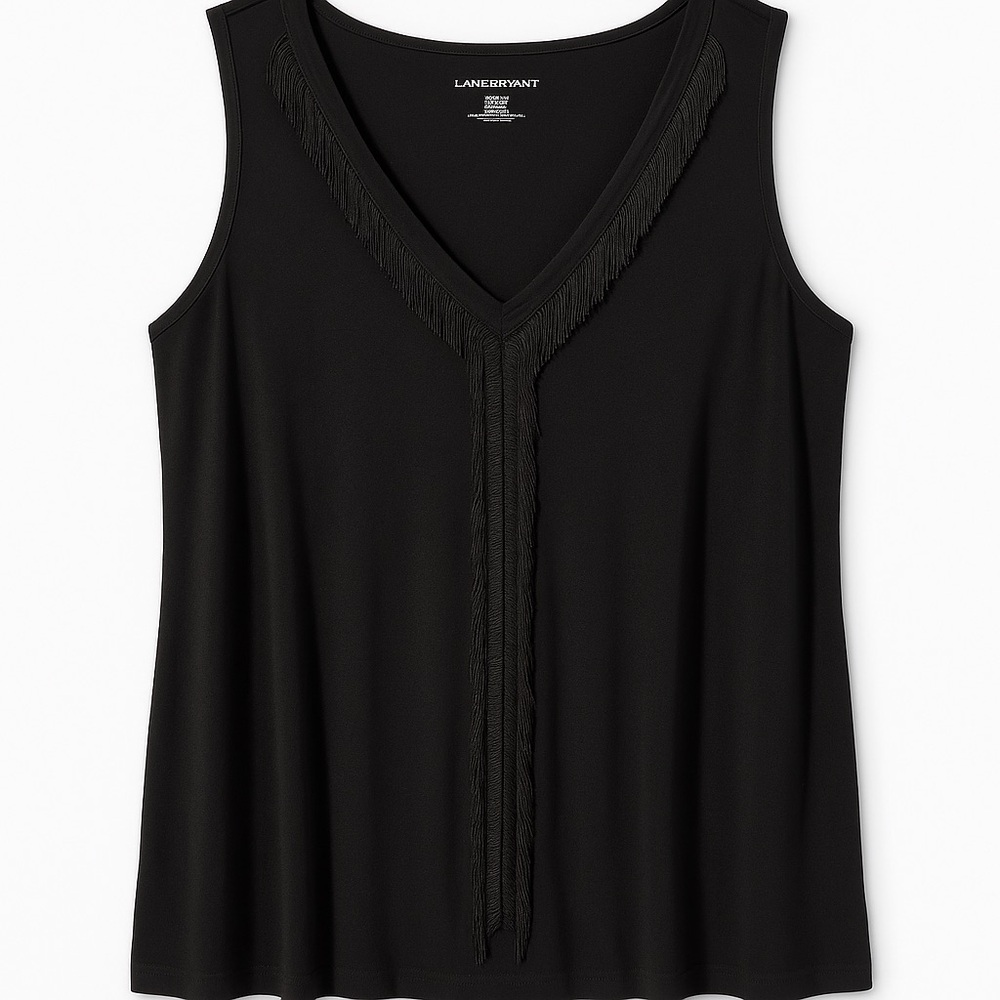 Lane Bryant Black Fringe V-Neck Sleeveless Top – Size 14/16